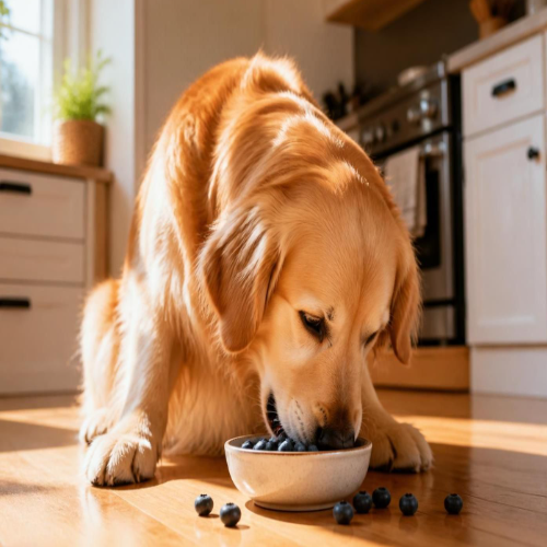dog eating blueberries